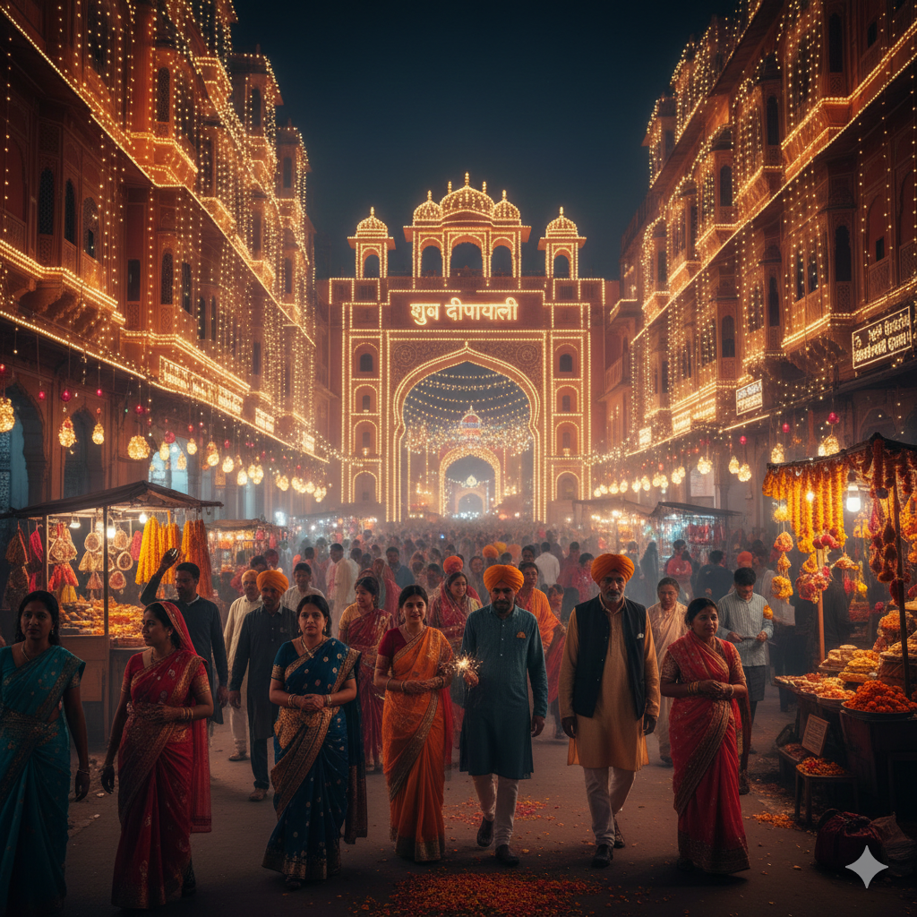A vibrant street scene in Jaipur during Diwali celebrations, showcasing colorful lights and decorations, perfect for Golden Triangle October travel.