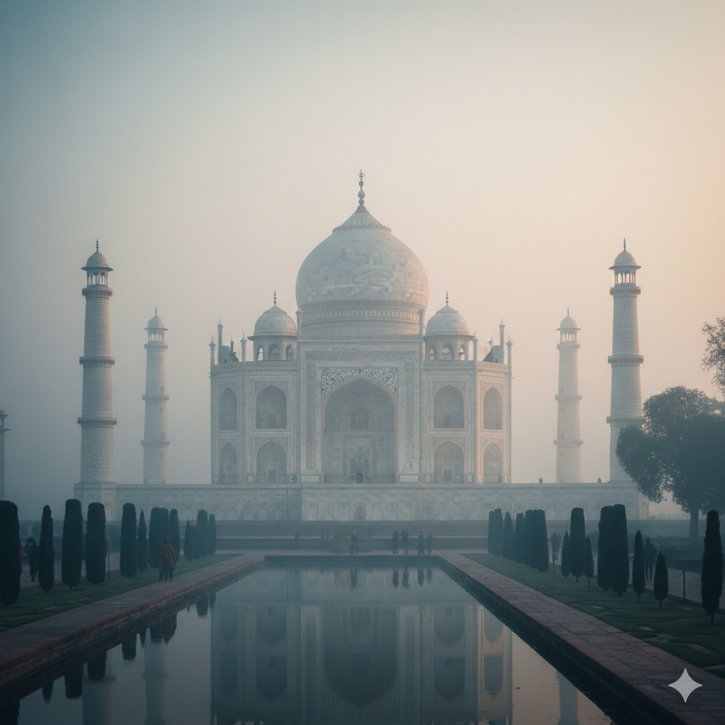 The Taj Mahal shrouded in a gentle morning fog during winter, offering a mystical view for Golden Triangle January visitors.